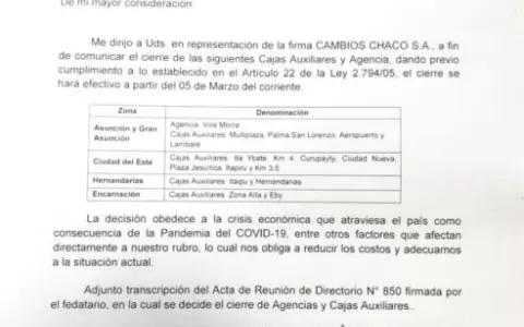 Cambios Chaco estableci� el 5 de marzo como fecha de cierre de 17 agencias