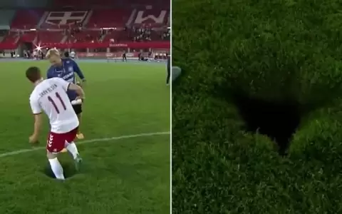 El misterioso agujero en medio del c�sped durante el Austria-Dinamarca de Nations League