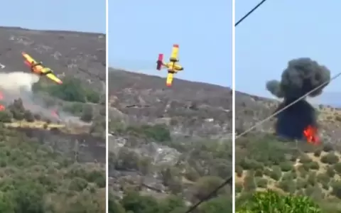 Momento en que se estrella el avi�n que combat�a incendios en Grecia