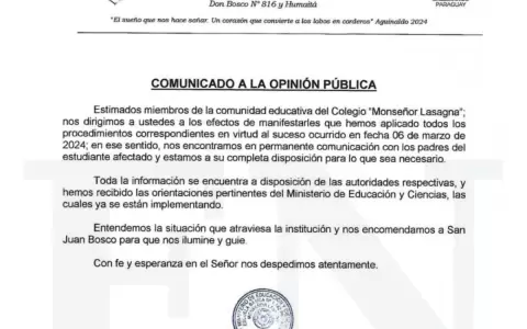 Postura del colegio Monse�or Lasagna sobre supuesto caso de agresi�n contra estudiante