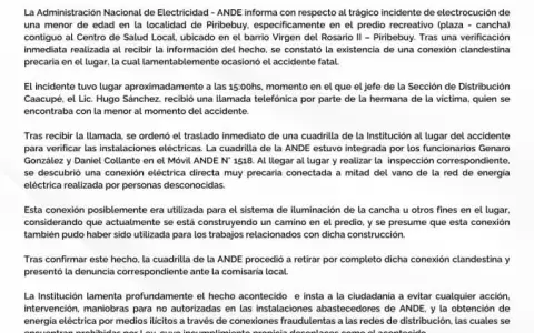 ANDE lamenta lo ocurrido y confirma que muerte de ni�a se produjo por conexi�n clandestina en Piribebuy