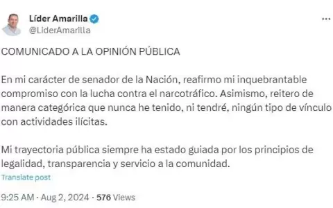 Senador L�der Amarilla se defiende de supuesto v�nculo con presunto narco