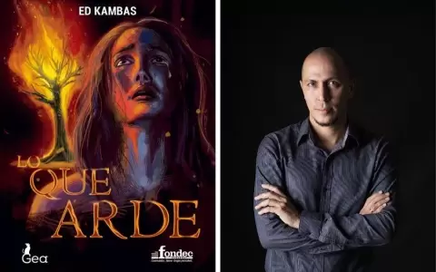 Ed Kambas y la tapa de su obra "Lo que arde".