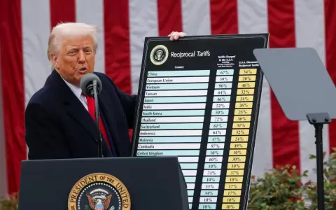 Donald Trump muestra la tabla con los aranceles a los distintos pa�ses durante el acto celebrado en los jardines de la Casa Blanca.