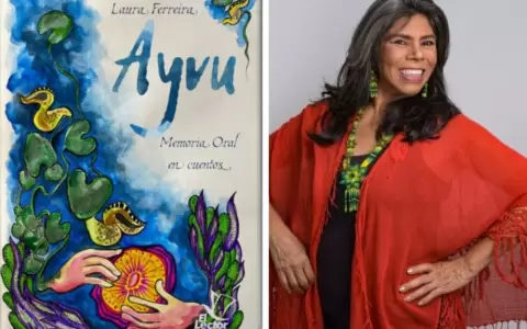 Portada de "Ayvu. Memoria oral en cuentos" y su autora Laura Ferreira.