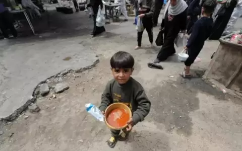 Palestinos, entre ellos un ni�o, acuden a recoger alimentos en el campamento de refugiados de Nuseirat, situado en el centro de la Franja de Gaza.