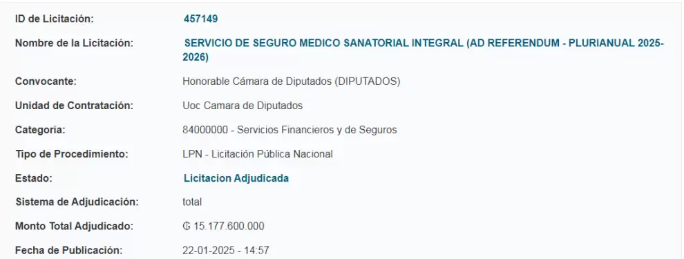 Licitaci�n adjudicada a la firma Asismed para el seguro medico VIP en C�mara de Diputado.