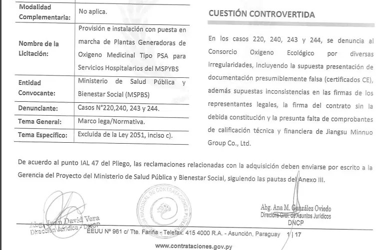 Denuncia presentada ante la DNCP.