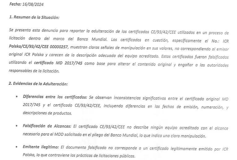 La denuncia habla de falsificaci�n de documentos en este caso donde se pag� millones.