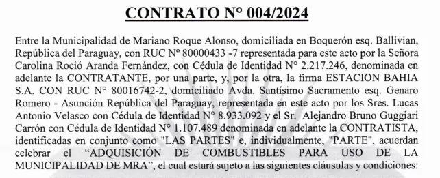 Contrato con el Grupo Bahía para la provisión de combustible.