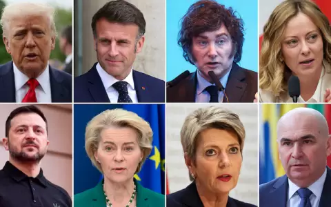 Donald Trump, Emmanuel Macron, Javier Milei, Giorgia Meloni, Vlodimir Zelensky, �rsula Von der Leyen, Karin Keller-Sutter e Ilie Bolojan