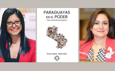 Nilsa Ma�z y Roc�o Abed, autoras, y la portada de "Paraguayas en el poder:Cien caminos para ganar".