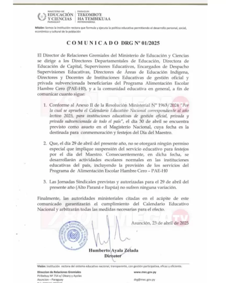 Resoluci�n del MEC sobre la no suspenci�n de clases para este 29 de abril.