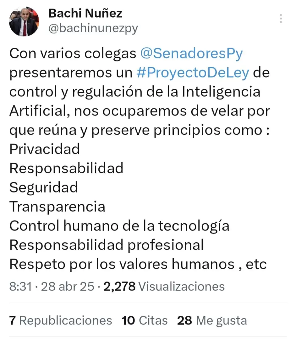 Posteo del senador Bachi N��ez.