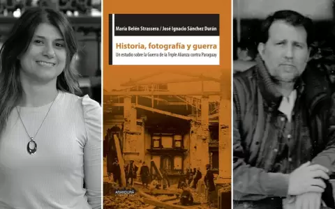 Mar�a Bel�n Strassera y Jos� Ignacio S�nchez Dur�n, autores, y la tapa del libro "Historia, fotograf�a y Guerra..."