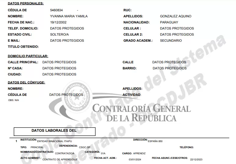 DJ de la hija de Alias Yamy Nal, como funcionaria de la Itaipú.