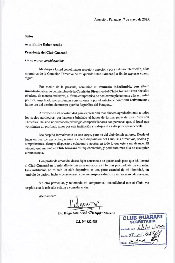 Nota al Club Guaran�.