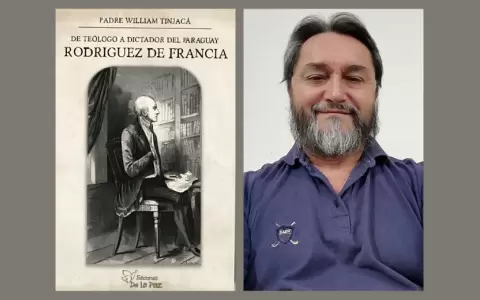 Tapa de "De te�logo a dictador del Paraguay..." (Editorial de la Paz) y William Tinjac�, autor.