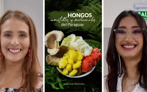 Michelle Campi y Brenda Veloso, autoras, y la tapa de "Hongos comestibles y medicinales del Paraguay".