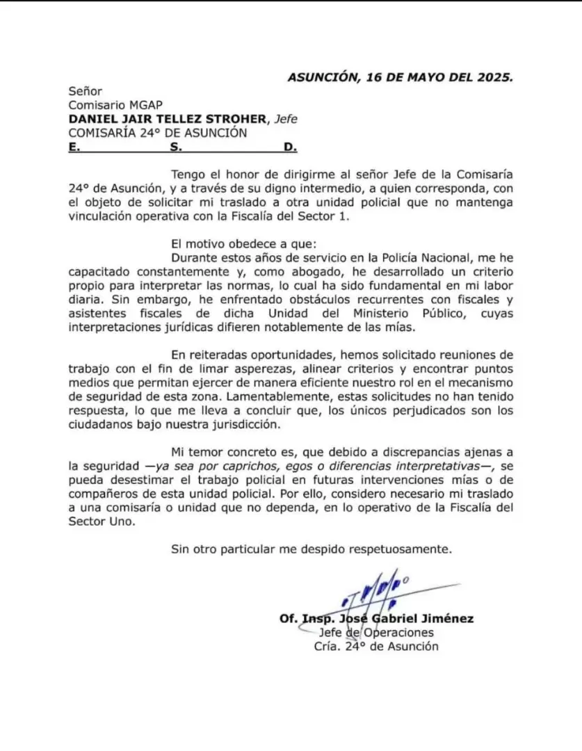 La nota que presentó el policía a sus superiores.