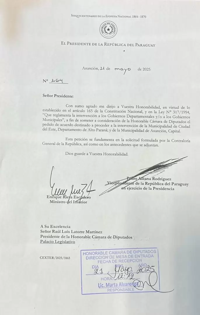 Nota del Ministerio del Interior a la C�mara de Diputados.