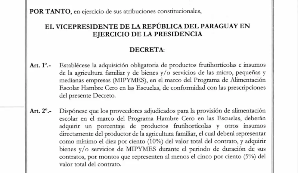 Decreto de Alliana sobre programa Hambre Cero.