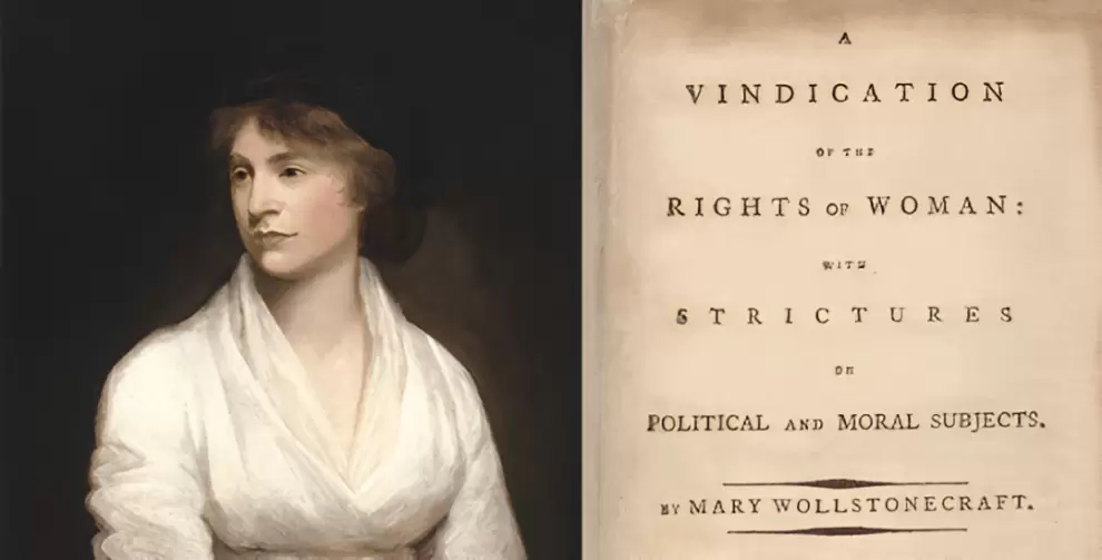Mary Wollstonecraft y la tapa de su obra "Vindicaci�n de los derechos de la mujer", 1792. Cortes�a