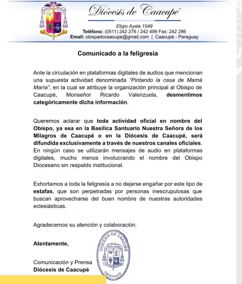 El arzobispo de Asunci�n, comparti� una nota dirigida al Monse�or Juan Bautista Gavil�n, Obispo de la di�cesis de Coronel Oviedo.
