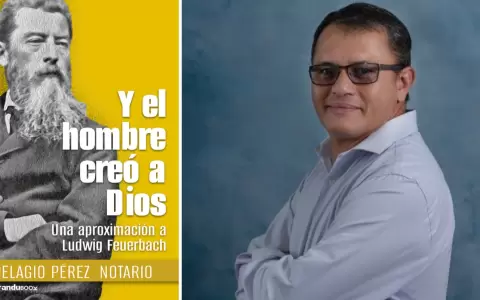El autor Pelagio P�rez y la tapa de "Y el hombre cre� a Dios. Una aproximaci�n a Ludwig Feuerbach".