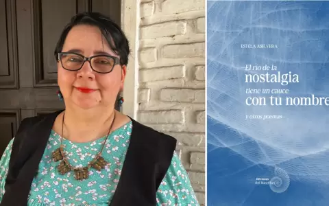 Estela Asilvera y la tapa de "El r�o de la nostalgia tiene un cause con tu nombre..." Ediciones del Nautilus.