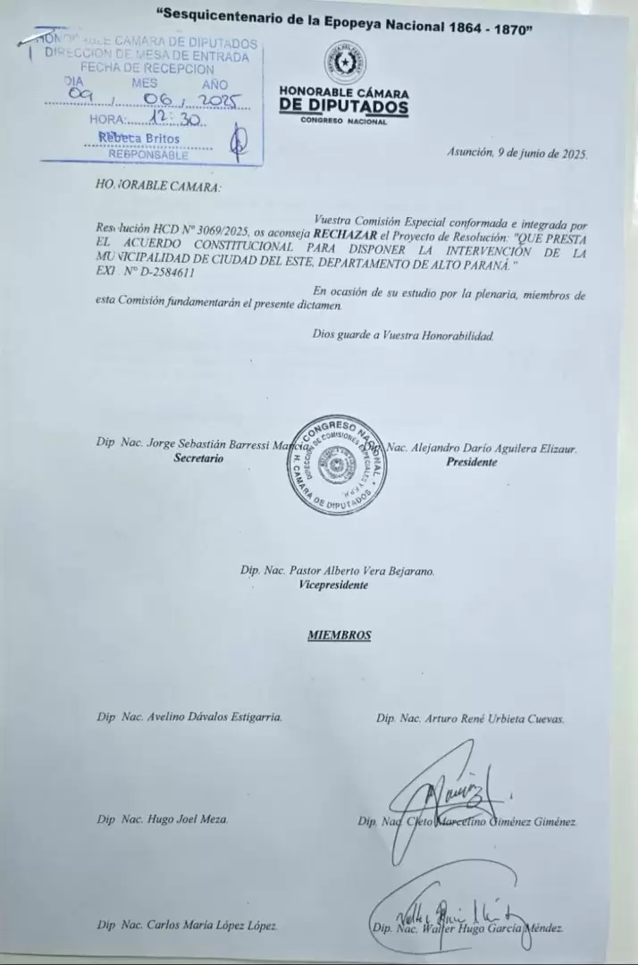 Dictamen de la Comisi�n Especial que estudia Intervenci�n de CDE.