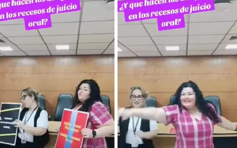 Abogada bailando en la sala de juicios orales.