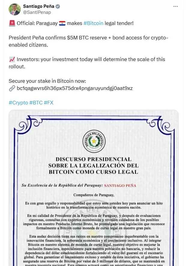 Hackearon la cuenta X del Presidente de la Rep�blica Santiago Pe�a.