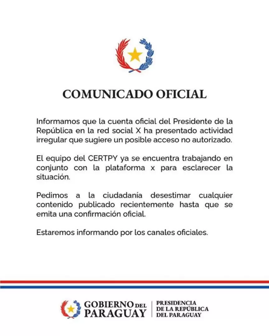Comunicado tras hackeo de la cuenta de X del Presidente de la República.
