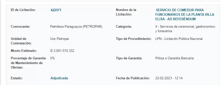 En el anterior llamado Petropar presupuesto poco más de G. 3.000 millones por el servicio de comedor para su plata de Villa Elisa.