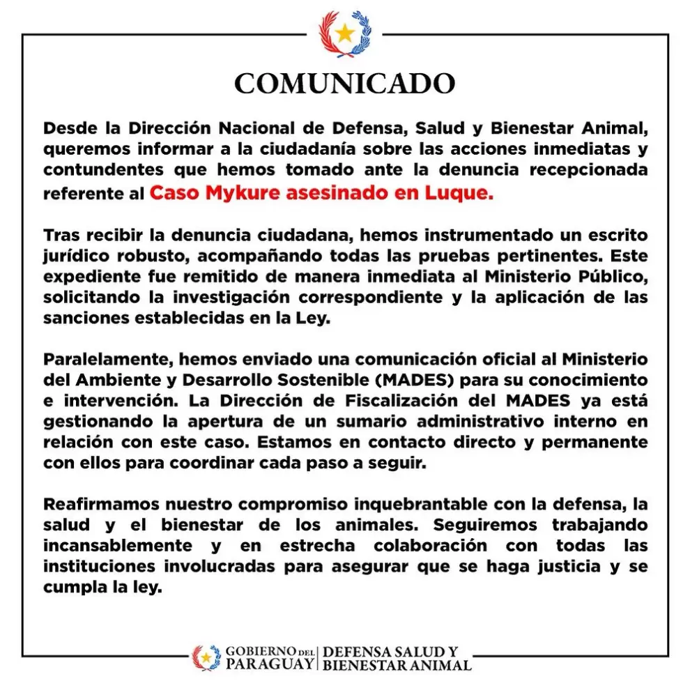 Comunicado emitido por la Dirección Nacional de Defensa, Salud y Bienestar Animal.