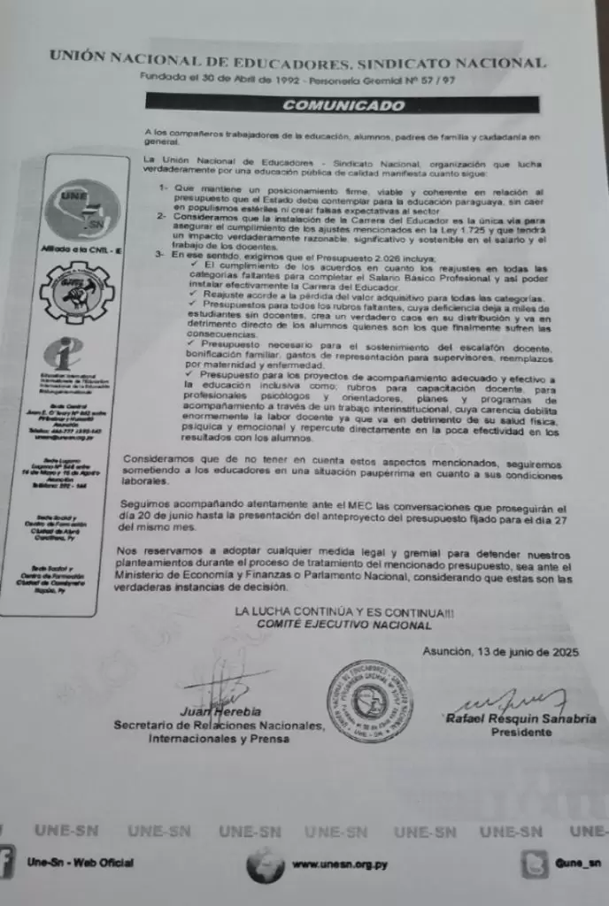 Comunicado de la Unión Nacional de Educadores.