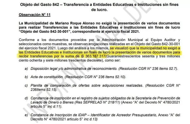 Una de las observaciones de la CGR sobre transferencias que carecen de todas la documentaciones.