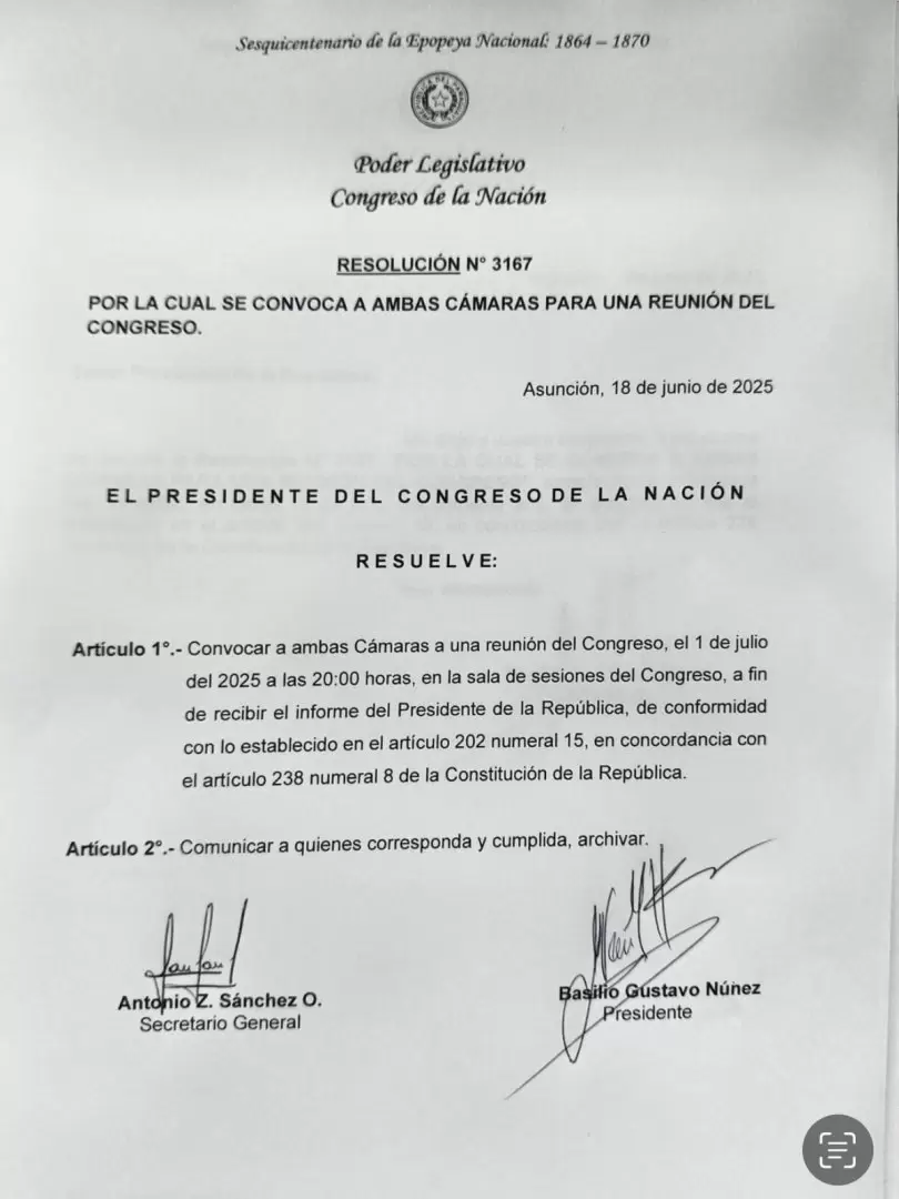 Convocatoria a sesi�n del Congreso.