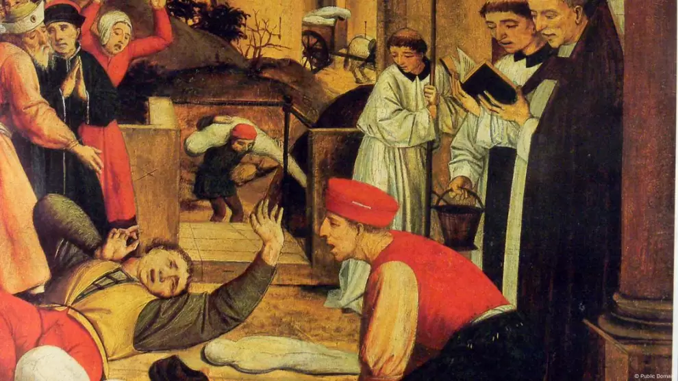 San Sebasti�n implora a Jes�s por la vida de un sepulturero afectado durante la plaga de Justiniano, la devastadora pandemia del 536.