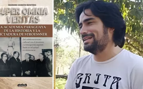 Mariano Montero y la tapa de "Super omnia veritas..." (Editorial Aradur�).