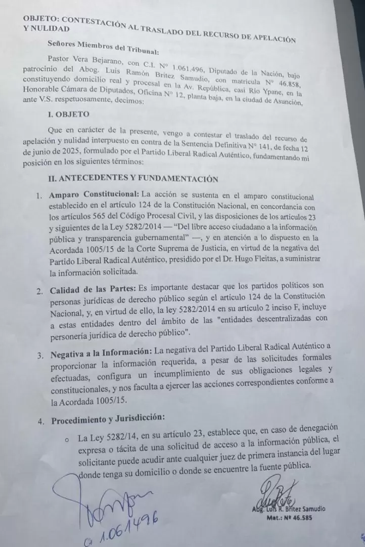 Pedido de nulidad a Pastor Vera Bejarano, sobre documentos que solicitó al PLRA.