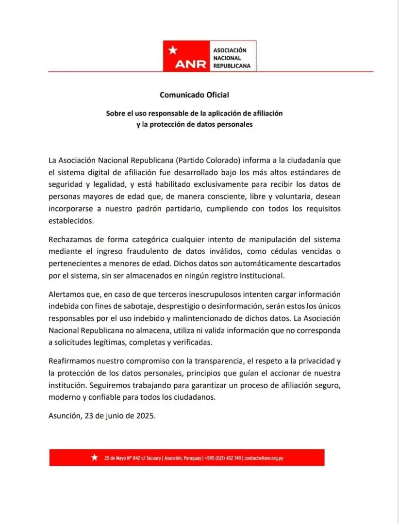 Comunicado de la ANR