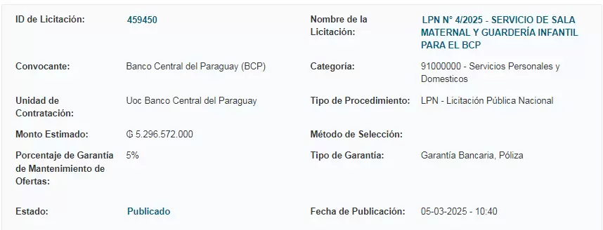 Llamado a licitaci�n por servicio de guarder�a y colonia de vacaciones para hijos de funcionarios del BCP.