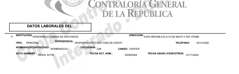 Los registros de la Contralor�a mencionan que cumple funci�n funciones para el diputado Carlos Godoy.