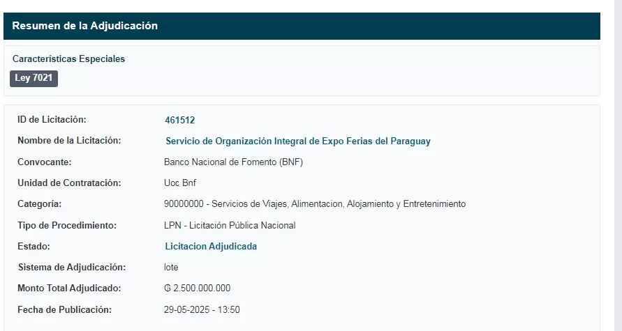 Adjudicaci�n del BNF para las Expo Ferias del Paraguay.