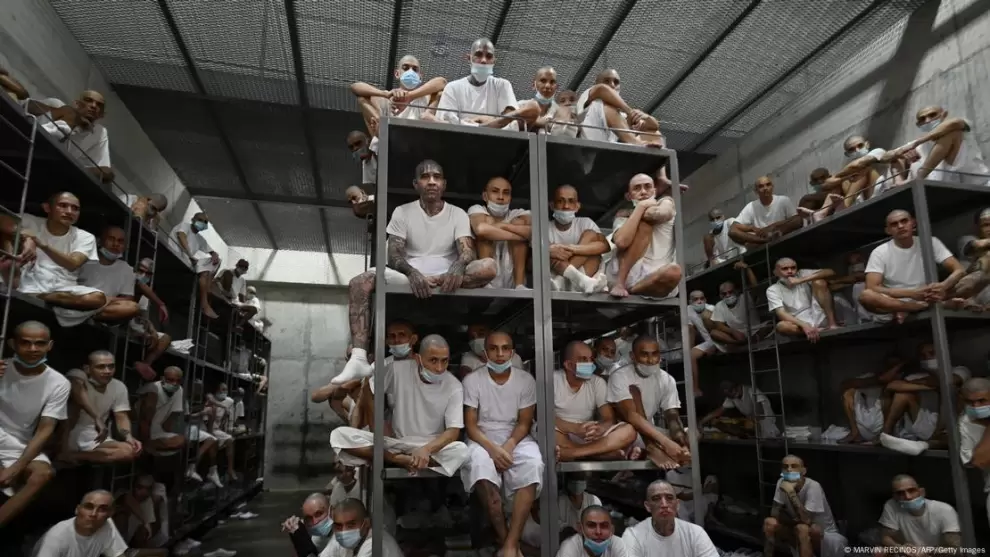 Prisioneros, entre ellos, supuestos miembros de pandillas, en la c�rcel de m�xima seguridad CECOT, en El Salvador.
Foto: /AFP/Getty Images/DW