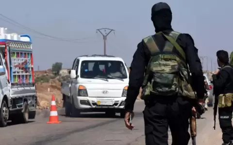 Fuerzas del gobierno sirio realizan controles en las afueras de Sweida.