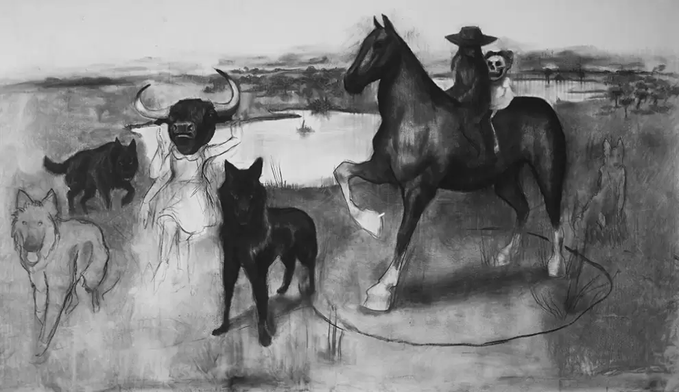Josefina Madariaga, "La procesi�n", 2023. Carbonilla sobre tela, 150 x 260 cm. Cortes�a