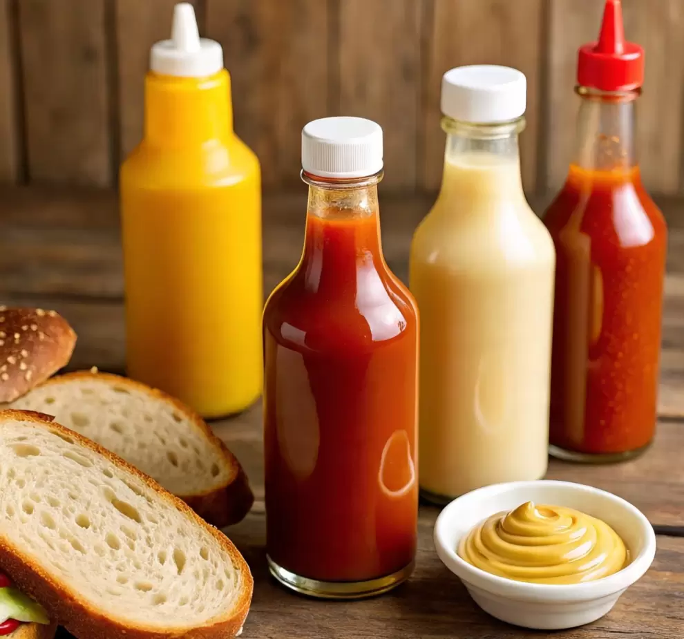 Condimentos varios: Mayonesa, Ketchup, Mostaza y Picante. Foto: IA